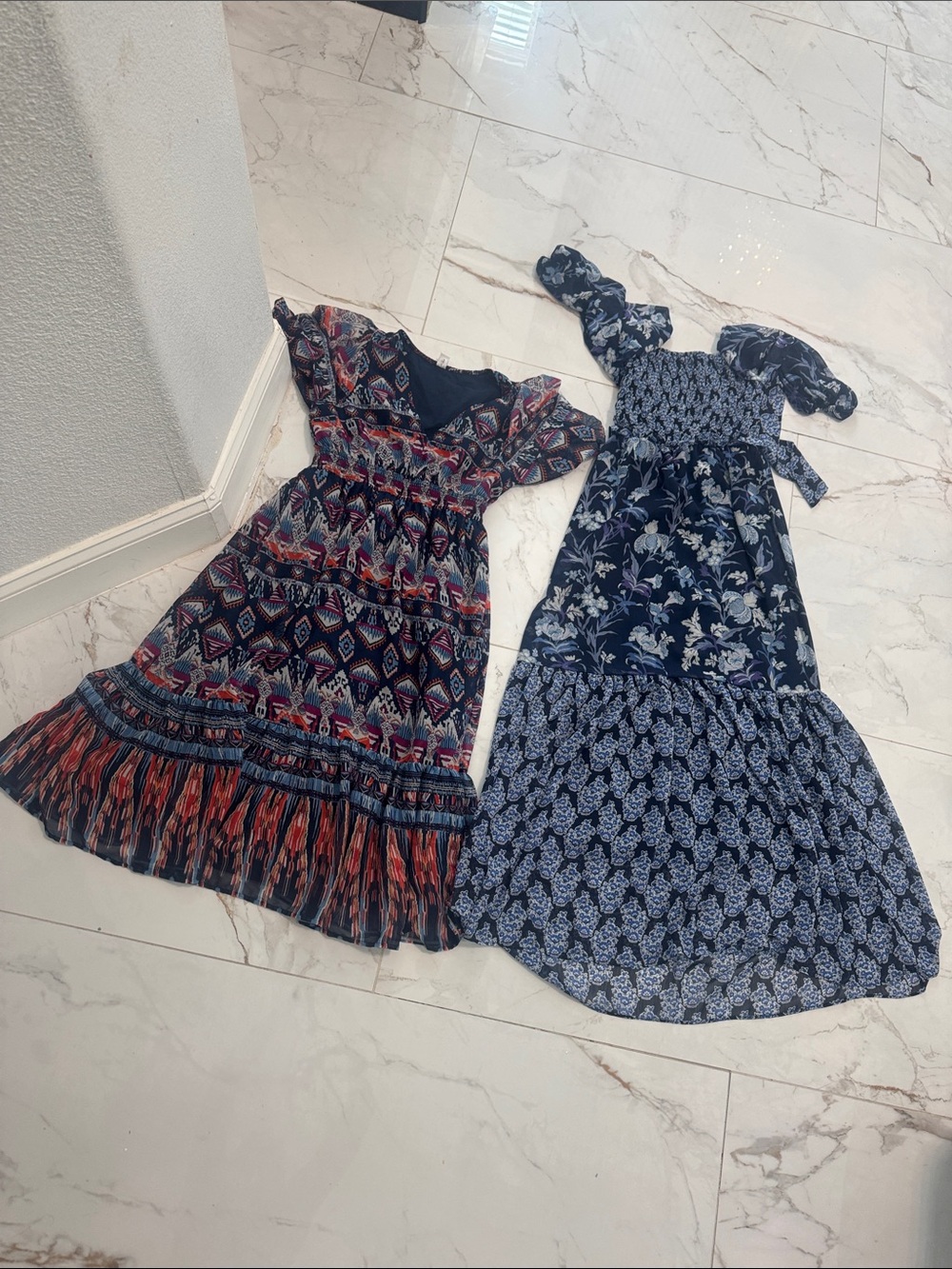 Women summer Navy Floral and Mixed prints Smocked Maxi Dresses